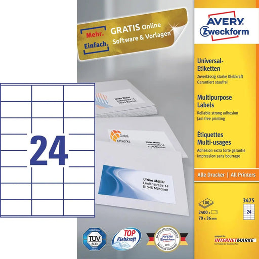 Avery Zweckform 3475, Universele etiketten, Ultragrip, wit, 200 vel, 24 per vel, 70 x 36 mm - OfficeTown