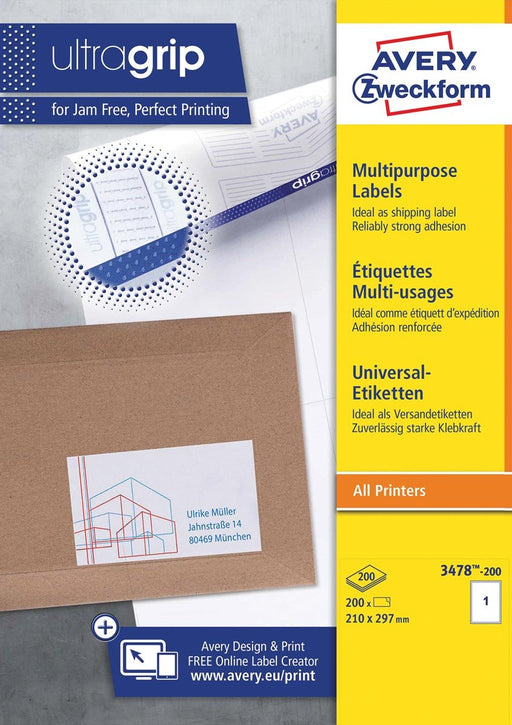 Avery Zweckform 3478 - 2, Universele etiketten, Ultragrip, wit, 200 vel, 1 per vel, ft 210 x 297 mm - OfficeTown