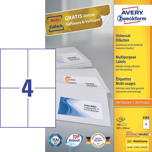Avery Zweckform 3483, Universele etiketten, Ultragrip, wit, 100 vel, 4 per vel, 105 x 148 mm - OfficeTown