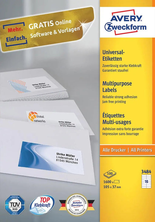 Avery Zweckform 3484, Universele etiketten, Ultragrip, wit, 100 vel, 16 per vel, 105 x 37 mm - OfficeTown