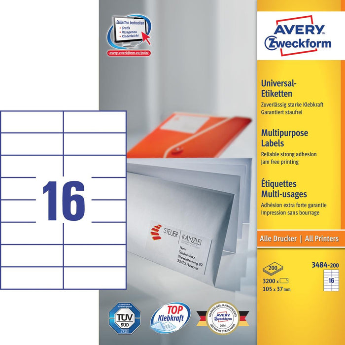 Avery Zweckform 3484, Universele etiketten, Ultragrip, wit, 200 vel, 16 per vel, 105 x 37 mm - OfficeTown