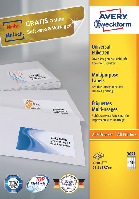 Avery Zweckform 3651, Universele etiketten , Ultragrip, wit, 100 vel, 40 per vel, 52,5 x 29,7 mm - OfficeTown