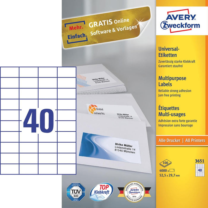 Avery Zweckform 3651, Universele etiketten , Ultragrip, wit, 100 vel, 40 per vel, 52,5 x 29,7 mm - OfficeTown