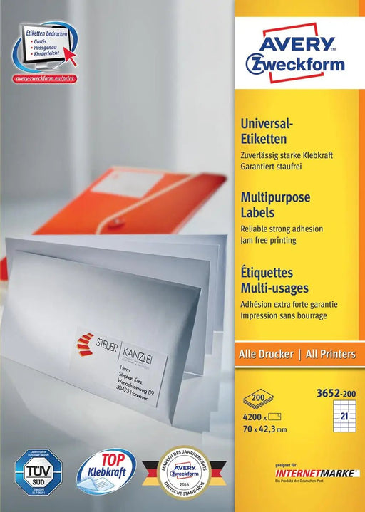 Avery Zweckform 3652, Universele etiketten, Ultragrip, wit, 200 vel, 21 per vel, 70 x 42,3 mm - OfficeTown