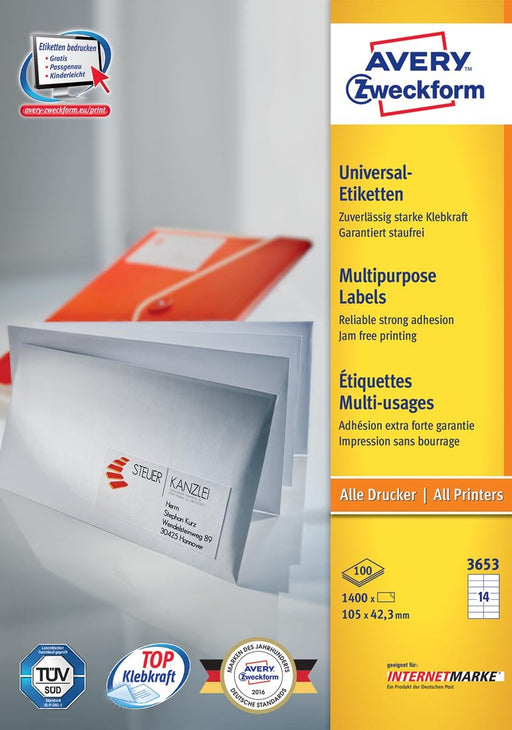 Avery Zweckform 3653, Universele etiketten, Ultragrip, wit, 100 vel, 14 per vel, 105 x 42,3 mm - OfficeTown