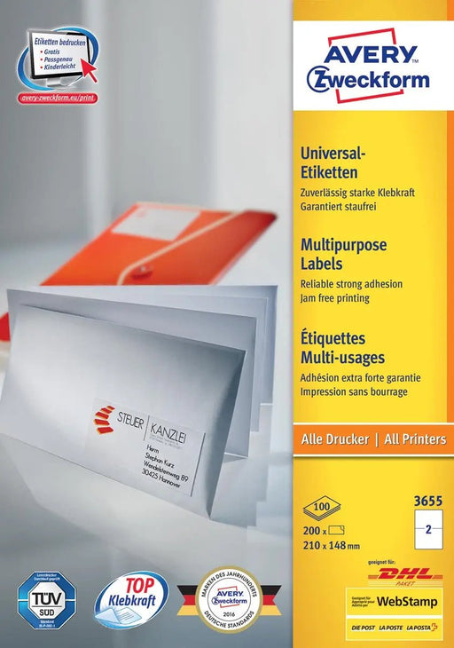 Avery Zweckform 3655, Universele etiketten, Ultragrip, wit, 100 vel, 2 per vel, 210 x 148 mm - OfficeTown