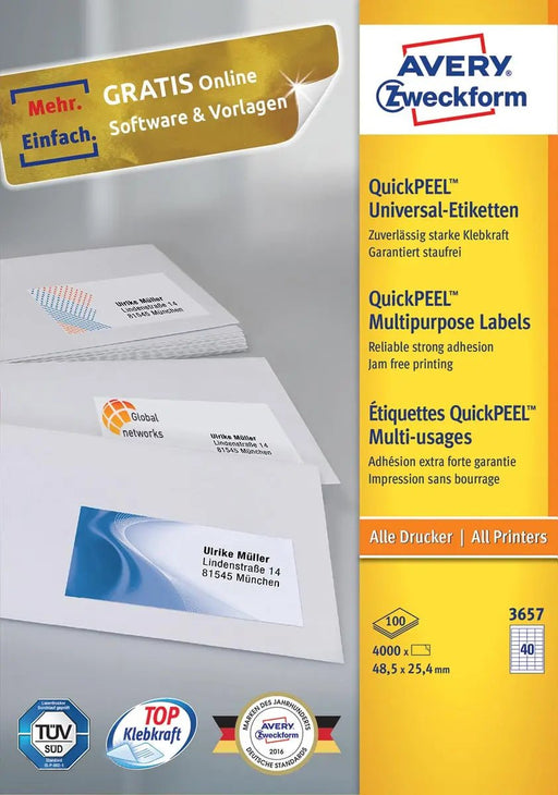 Avery Zweckform 3657, Universele etiketten, Ultragrip, wit, 100 vel, 40 per vel, 48,5 x 25,4 mm - OfficeTown