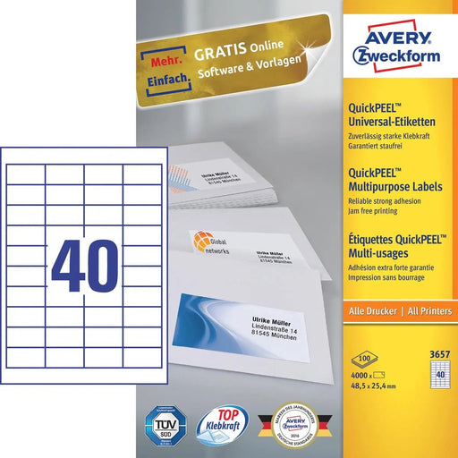 Avery Zweckform 3657, Universele etiketten, Ultragrip, wit, 100 vel, 40 per vel, 48,5 x 25,4 mm - OfficeTown