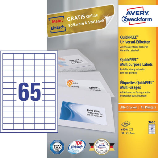 Avery Zweckform 3666, Universele etiketten, Ultragrip, wit, 100 vel, 65 per vel, 38 x 21,2 mm - OfficeTown