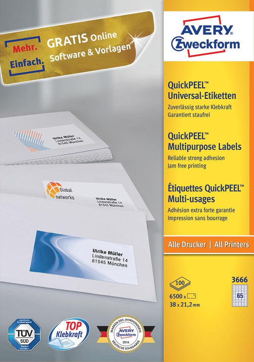 Avery Zweckform 3666, Universele etiketten, Ultragrip, wit, 100 vel, 65 per vel, 38 x 21,2 mm - OfficeTown
