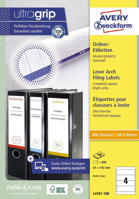 Avery Zweckform L4761 - 100 ordnerrugetiketten ft 19,2 x 6,1 cm (b x h), 400 etiketten, wit - OfficeTown