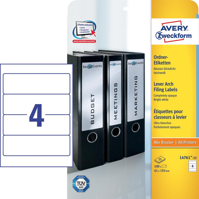 Avery Zweckform L4761 - 25 ordnerrugetiketten ft 19,2 x 6,1 cm (b x h), 100 etiketten, wit - OfficeTown