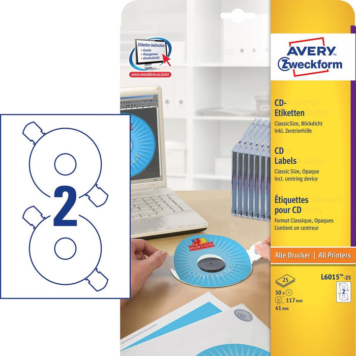 Avery Zweckform L6015 - 25 CD etiketten, diameter 117 mm, 50 etiketten, wit - OfficeTown
