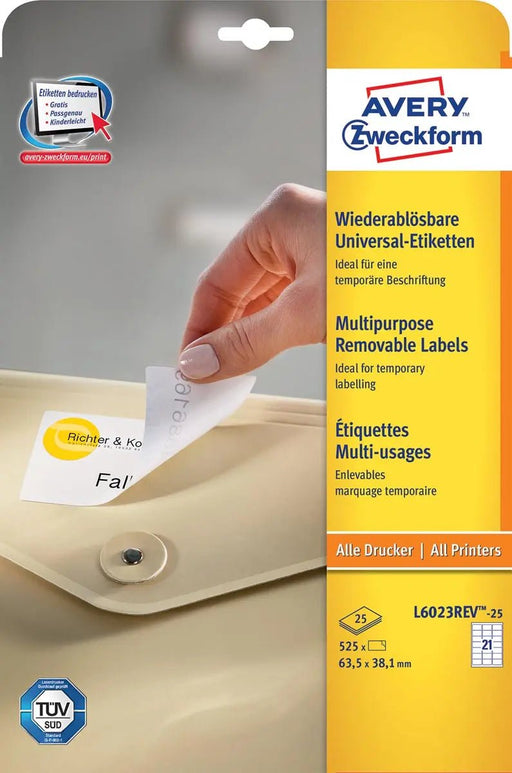 Avery Zweckform L6023REV - 25 verwijderbare etiketten ft 63,5 x 38,1 mm (b x h), 525 etiketten, wit - OfficeTown