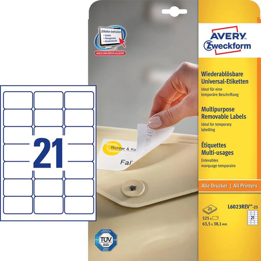 Avery Zweckform L6023REV - 25 verwijderbare etiketten ft 63,5 x 38,1 mm (b x h), 525 etiketten, wit - OfficeTown