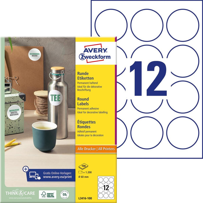 Avery Zweckform ronde etiketten, 60 mm, doos van 1.200 stuks, wit - OfficeTown