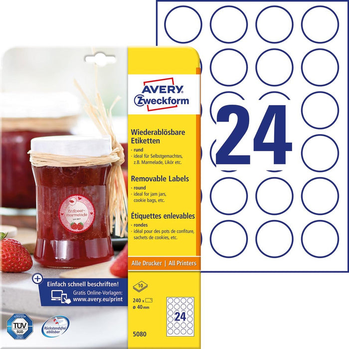 Avery Zweckform ronde etiketten, diameter 40 mm, wit, afneembaar, 240 etiketten, 10 vellen - OfficeTown
