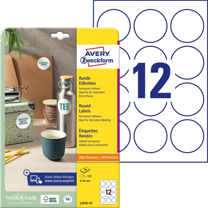 Avery Zweckform ronde etiketten, diameter 60 mm, wit, permanent klevend, 120 etiketten, 10 vellen - OfficeTown