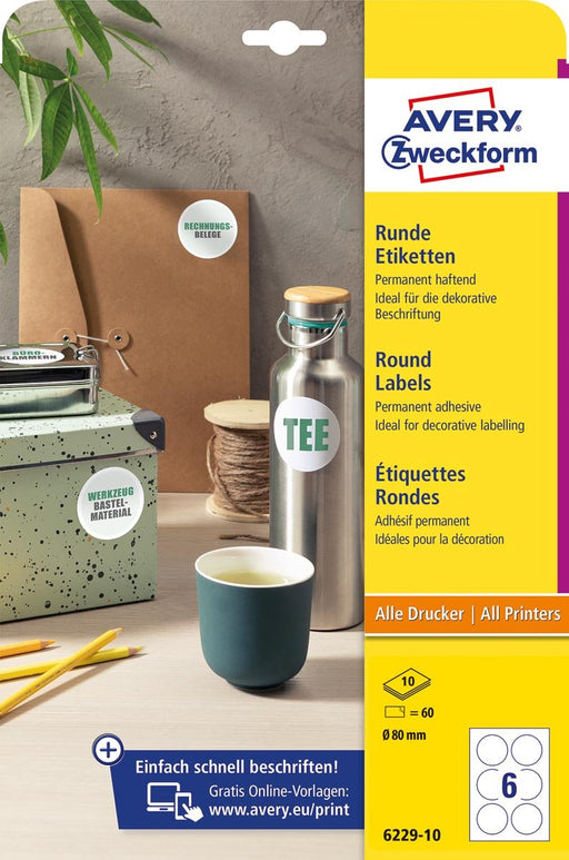 Avery Zweckform ronde etiketten, diameter 80 mm, wit, permanent klevend, 60 etiketten, 10 vellen - OfficeTown