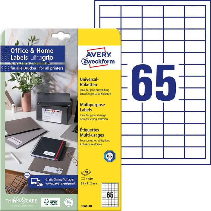 Avery Zweckform universele etiketten, 38 x 21,2 mm, wit, permanent klevend, 650 etiketten, 10 vellen - OfficeTown