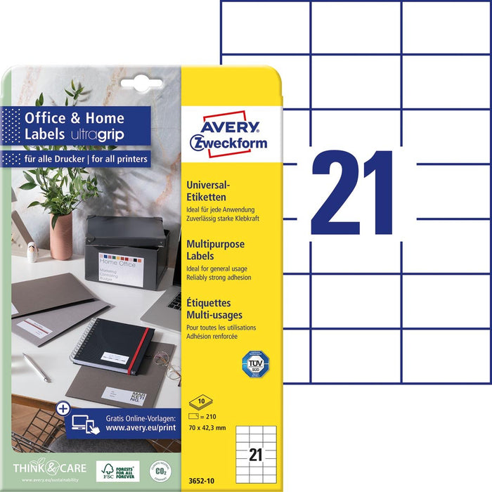 Avery Zweckform universele etiketten, 70 x 42,3 mm, wit, permanent klevend, 210 etiketten, 10 vellen - OfficeTown