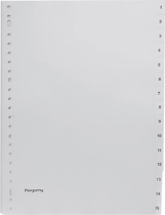 Tabbladen Pergamy, A4-formaat, 23-gaatsperforatie, grijs PP, set 1-15, 40 stuks