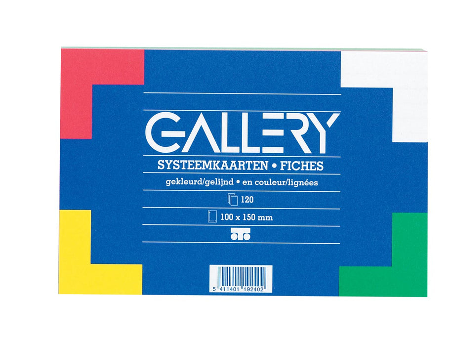 Gekleurde systeemkaarten voor de galerij, afmetingen 10 x 15 cm, gelinieerd, verpakking van 120 stuks