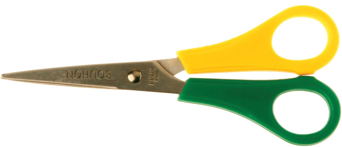 Bouhon schaar Inox 14 cm, voor linkshandigen, geel/groen, met scherpe punt