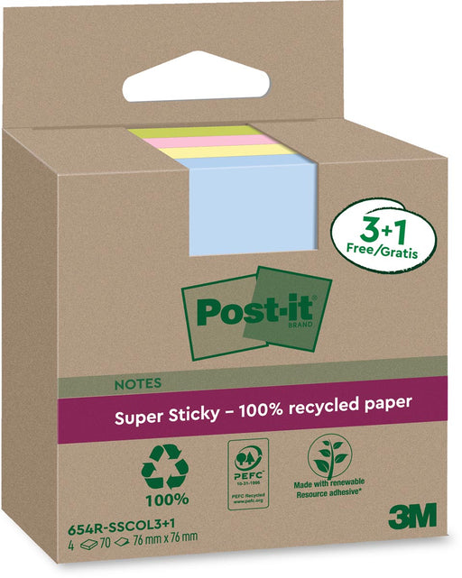 Post-it Super Sticky Notes Recycled, 70 vel, ft 76 x 76 mm, assorti, 3 + 1 GRATIS 8 stuks, OfficeTown