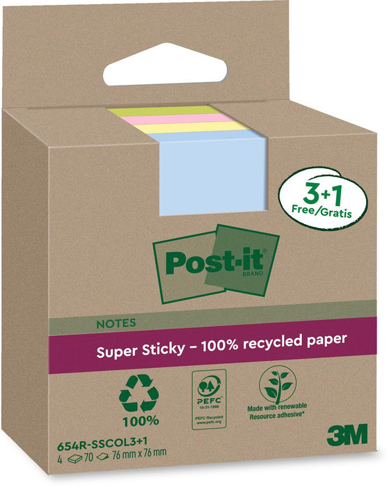 Post-it Super Sticky Notes Gerecycled, 70 vellen, formaat 76 x 76 mm, assorti, 3 + 1 GRATIS