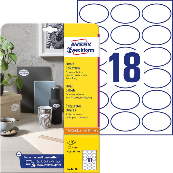 Avery Zweckform ovale etiketten, 63,5 x 42,3 mm, wit, permanent klevend 180 etiketten, 10 vellen 50 stuks