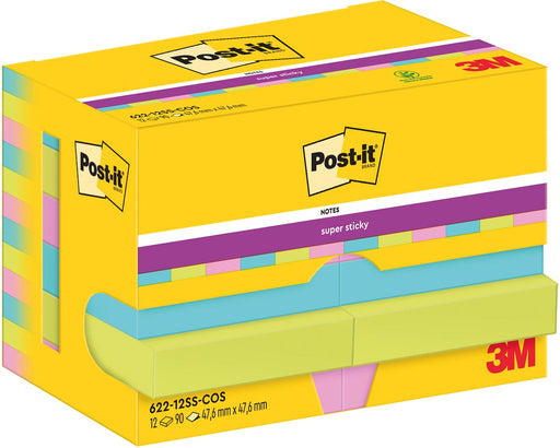 Post-It Super Sticky Notes Cosmic, 90 vel, ft 47,6 x 47,6 mm, pak van 12 blokken 24 stuks, OfficeTown