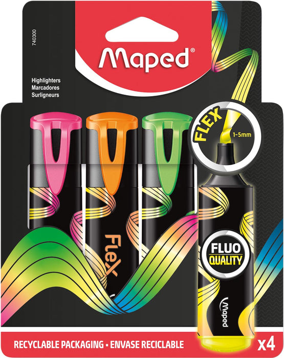Markeerstiften Maped Fluo'Peps Flex, assorti, doosje van 4 stuks