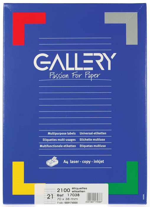 Gallery witte etiketten 70 x 38 mm, doos van 100 vel, geschikt voor kopieermachines en printers.