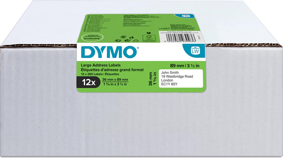 Dymo Waarde Pakket: etiketten LabelWriter ft 89 x 36 mm, wit, doos van 12 x 260 etiketten