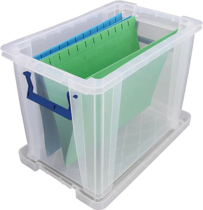 Bankers Box opbergdoos 18,5 liter, transparant met blauwe handvaten, per stuk verpakt in karton - OfficeTown