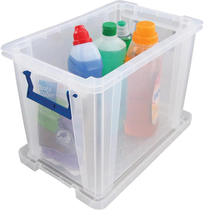 Bankers Box opbergdoos 26 liter, transparant met blauwe handvaten, per stuk verpakt in karton - OfficeTown