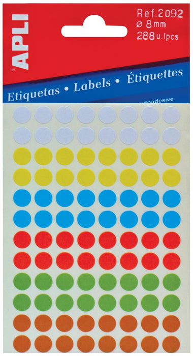 Ronde etiketten in etui, diameter 8 mm, assortiment kleuren, 288 stuks, 96 per vel (2092)