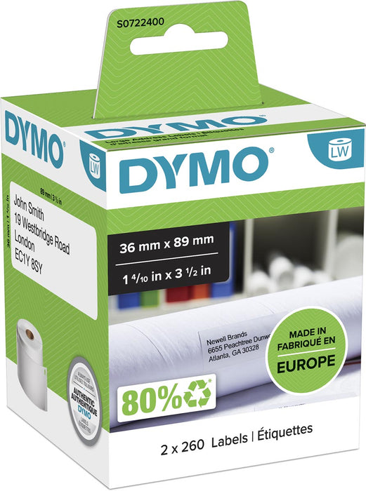 Dymo etiketten LabelWriter ft 89 x 36 mm, wit, 2 x 260 etiketten