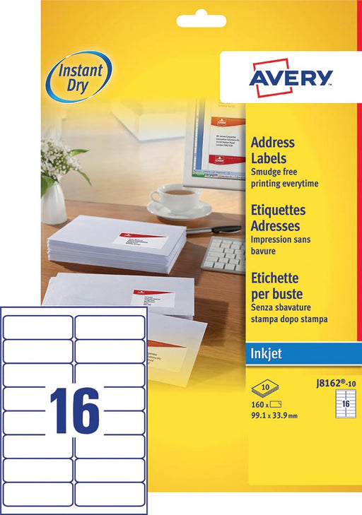 Avery J8162-10 adresetiketten ft 99,1 x 33,9 mm (b x h), 160 etiketten, wit 10 stuks, OfficeTown