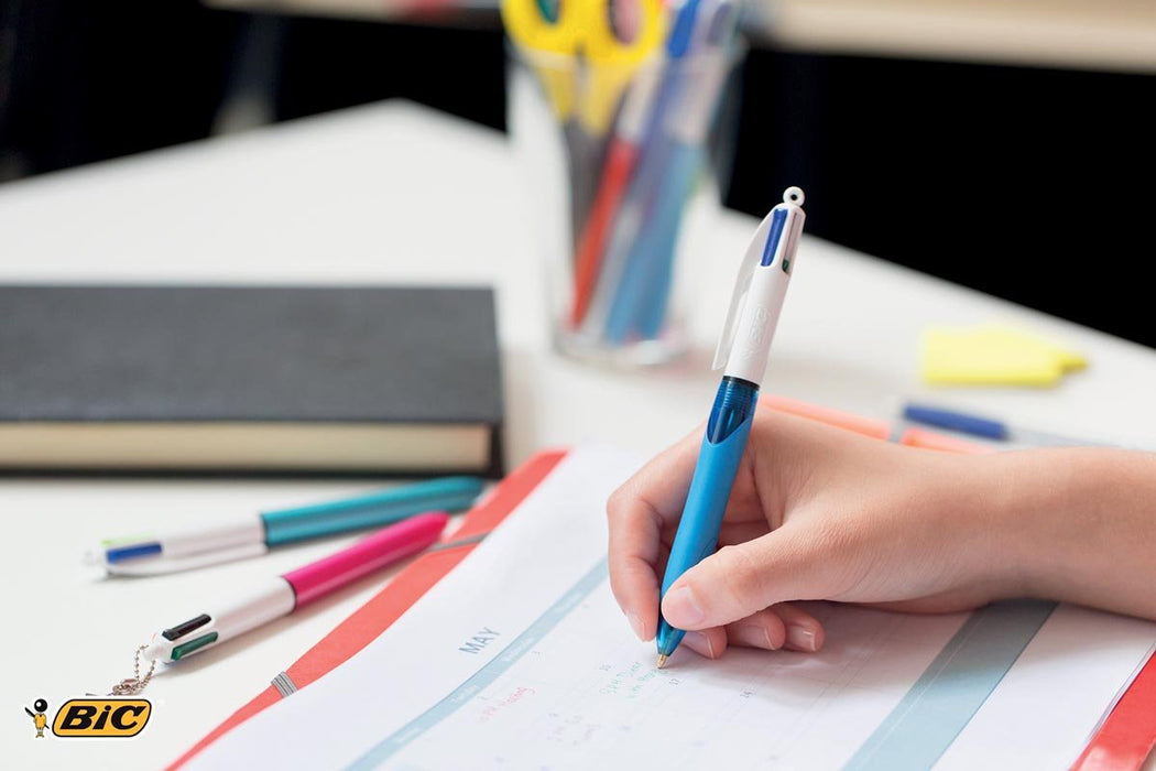 Bic 4 Kleuren Grip, balpen, 0,32 mm, 4 klassieke inktkleuren, blauwe behuizing - OfficeTown