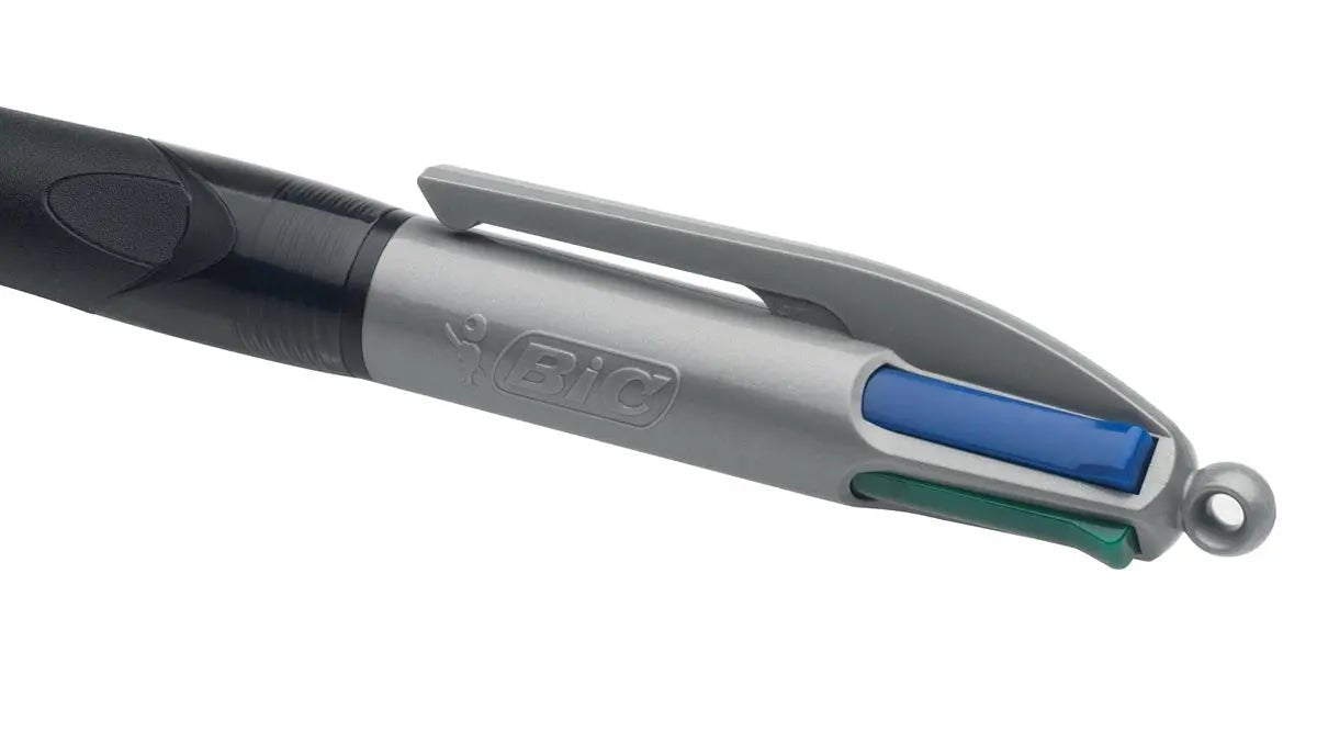 Bic 4 Kleuren Grip Pro Balpen met 0,4 mm Punt, 4 Klassieke Inktkleuren, Donkergrijs Lichaam met Rubberen Grip - OfficeTown