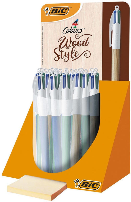 Bic 4 Kleuren Hout, balpen, medium, 4 klassieke inktkleuren, display van 30 stuks - OfficeTown