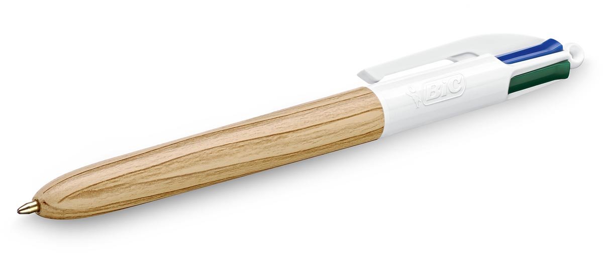 Bic 4 Kleuren Hout, balpen, medium, 4 klassieke inktkleuren, display van 30 stuks - OfficeTown