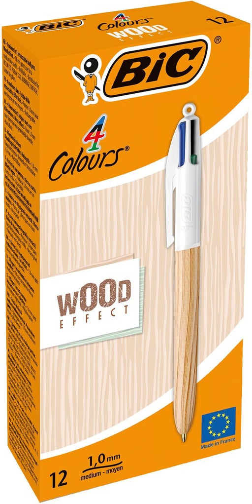 Bic 4 Kleuren Houten Stijl balpen, medium 12 stuks - OfficeTown