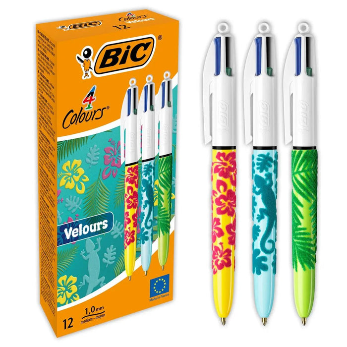 Bic 4 Kleuren Velours, balpen, 0,32 mm, 4 klassieke inktkleuren, set van 12 stuks - OfficeTown
