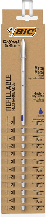 Bic balpen Cristal Re - new, zilveren lichaam, blauwe inkt, clipstrip van 12 stuks - OfficeTown