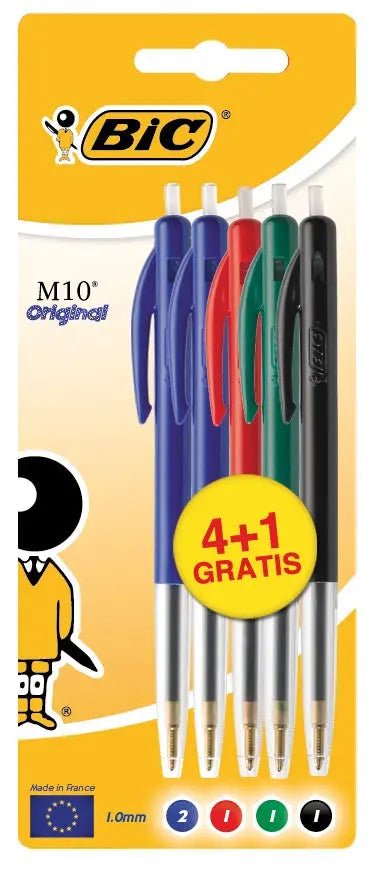 Bic balpen M10, blister 4 + 1 gratis in diverse kleuren - OfficeTown