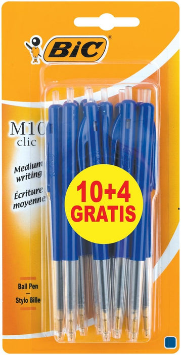Bic balpen M10 Clic, 0,4 mm, medium punt, blauw, blister 10 stuks + 4 gratis - OfficeTown
