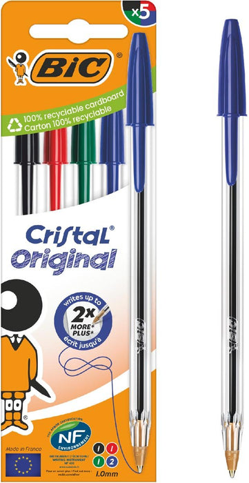 Bic Cristal balpen, medium, blister van 5 stuks: zwart, rood, groen en 2 x blauw - OfficeTown